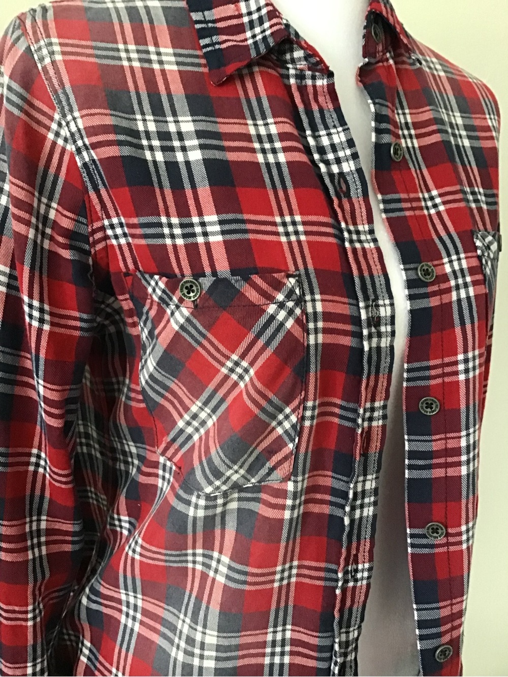 True Religion Red and Navy Plaid Button-Down Women's Shirt